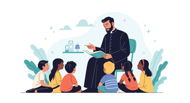 Kind male teacher or priest sitting in a chair and reading an engaging storybook to a group of diverse young children sitting on the floor.