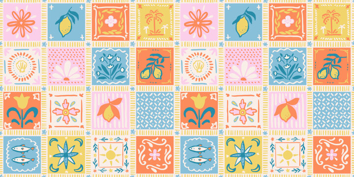 Seamless pattern with freehand ink doodle abstract tiles in mediterranean style. Trendy Italian summer mosaic background. Hand drawn vector illustration. Boho, Sicilian lemons, coastal wallpaper.