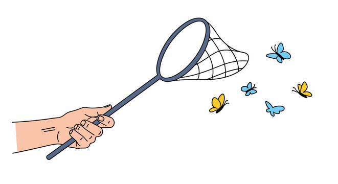 Close up illustration of a human hand holding a butterfly net while several blue and yellow butterflies flutter nearby.