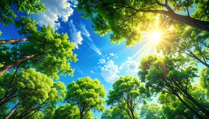 Obraz premium A sunny forest scene with green trees and blue sky