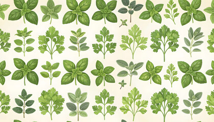 Fototapeta premium Seamless pattern of fresh green herbs and leafy plants, perfect for culinary and decorative applications