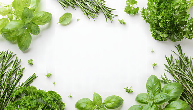 Vibrant assortment of fresh aromatic culinary herbs, including basil, rosemary, and parsley, artfully arranged to frame a clean white background, perfect for natural recipe designs