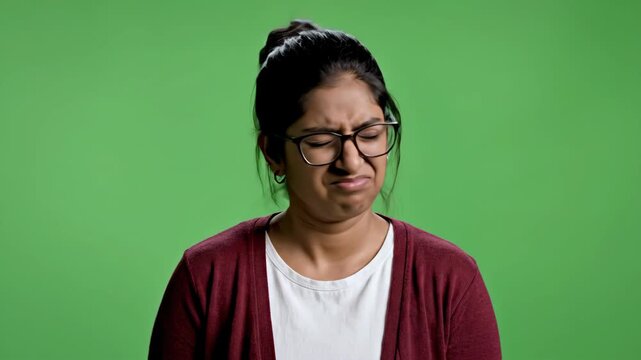 Young woman making a face of disgust or disgusted reaction against green background