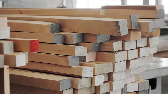 Close up of stacked timber wooden boards in workshop or warehouse representing construction materials woodworking industry and industrial storage.