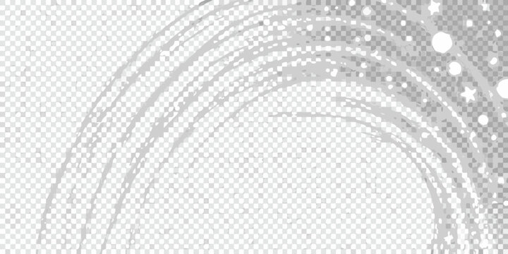 Abstract gray brushstroke arc with scattered white dots on transparent background