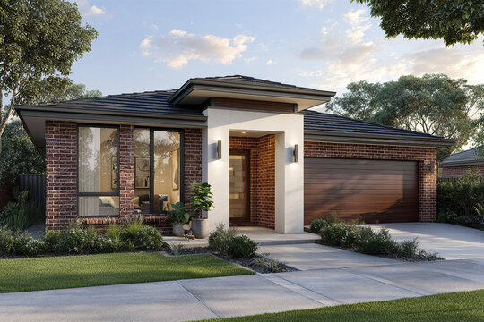 Modern suburban home with brick exterior and large windows, featuring double garage and landscaped front yard under partly cloudy sky, creating welcoming atmosphere