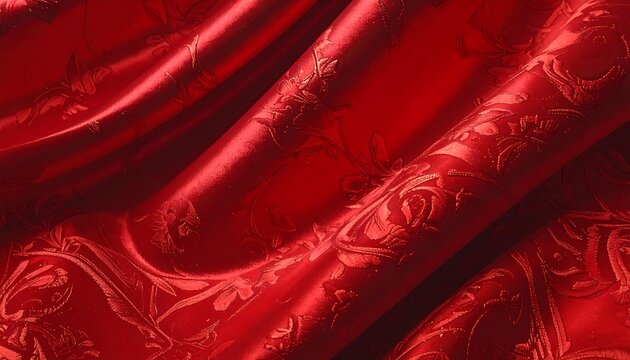 Elegant red damask fabric texture with floral pattern in satin material