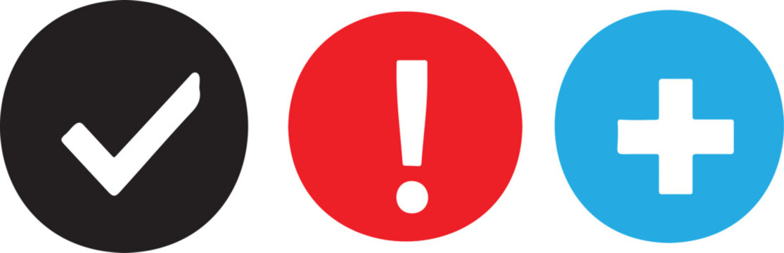 Colorful icons of checkmark, exclamation, and plus signs in circles