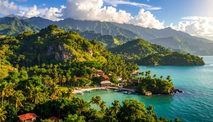 Obraz premium A serene tropical paradise with lush green mountains and turquoise waters