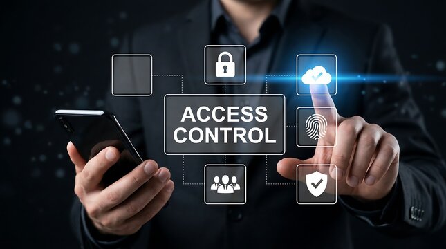 Businessman Interacting with Access Control Interface for Enhanced Cyber Security and Modern IT Solutions