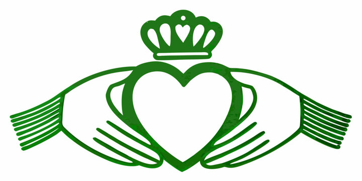 Green claddagh symbol featuring a heart hands and a crown
