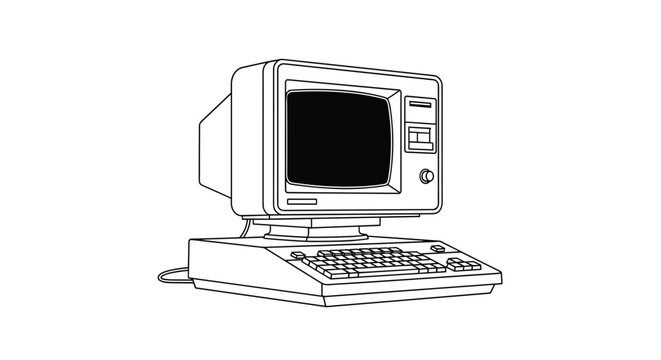 Retro personal computer from the eighties with a classic monitor and keyboard in a simple line art style isolated on white background.
