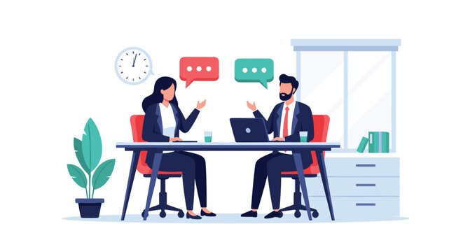 Business man and woman having a professional discussion or job interview at a modern desk in a well organized office space.