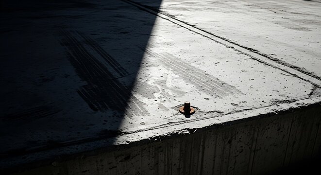 Urban Concrete Slab with Tire Marks and Metal Anchor in Contrasting Light