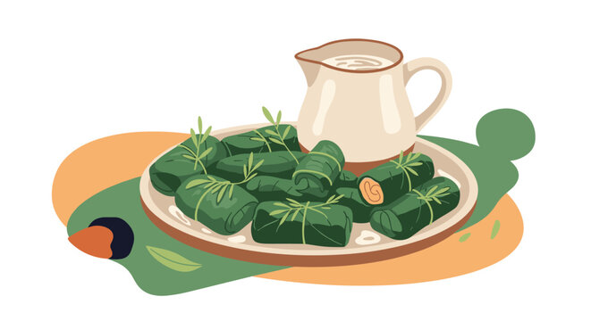 Plate of traditional dolma stuffed grape leaves with fresh herbs served alongside a ceramic pitcher of creamy yogurt sauce on a stylized table.