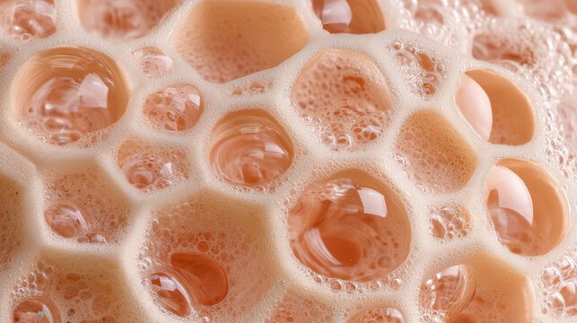 A close-up view of a foamy substance with bubbles in a honeycomb pattern