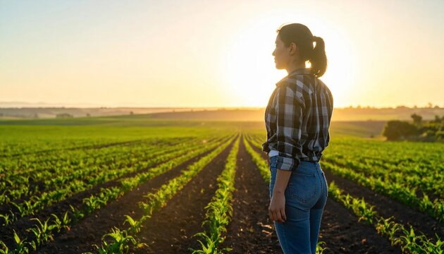 Female Farmer Observing Cornfield at Sunset.