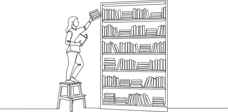 Woman Reaching For Bookshelf Book.