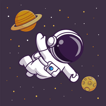 Cute Astronaut Floating Space With Planet Cartoon