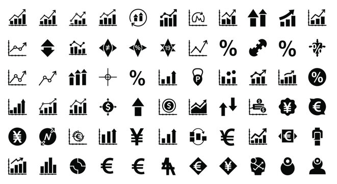 Collection of black glyph icons representing finance growth and data