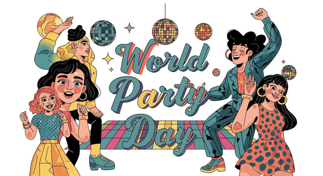 Illustration of diverse people dancing and celebrating on World Party Day with colorful decorations and lively atmosphere.