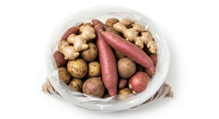 Fototapeta premium Fresh assortment of vegetables in a clear plastic bag on white background
