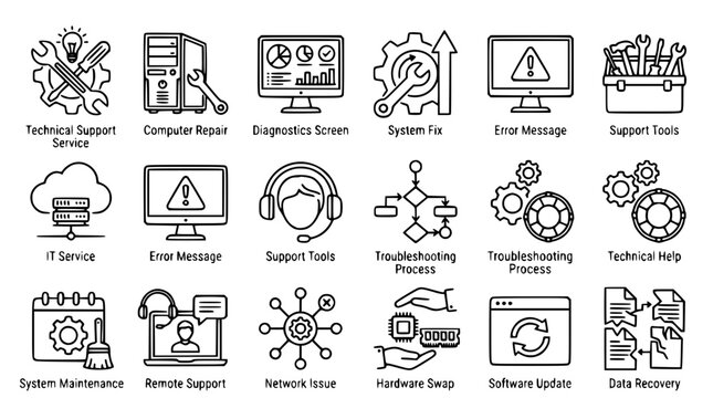 Vector graphic illustration of technical support service icons set
