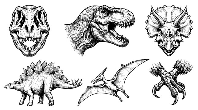 Detailed vector illustrations of various dinosaur species and fossils