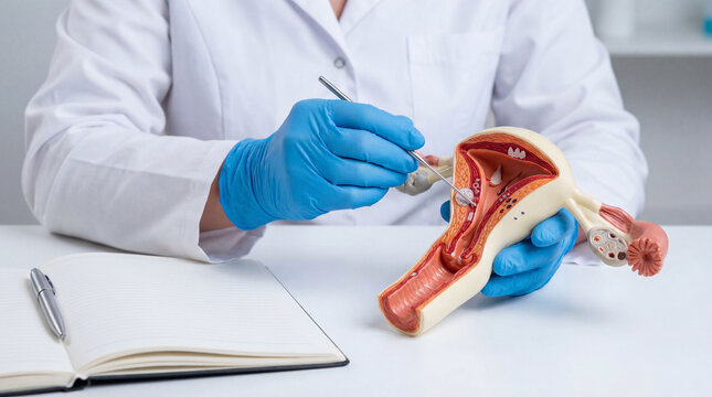 Doctor's gloved hand points to an IUD in a female reproductive system model, explaining contraception and women's health