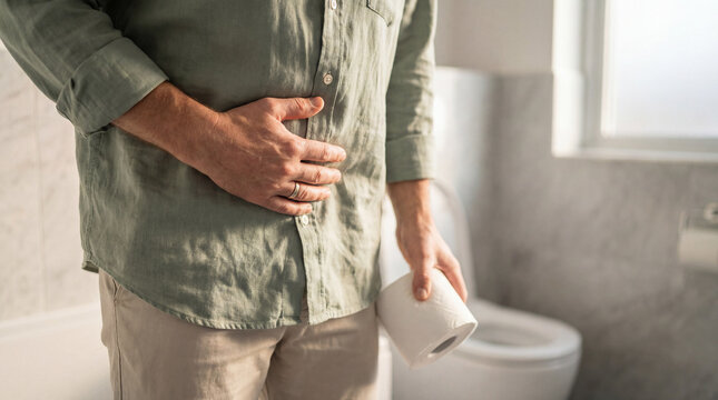 Man suffering from stomach pain in the bathroom, holding toilet paper. Concept of digestive issues and illness