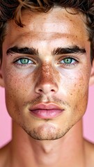 Obraz premium Young man with freckles and skincare products.