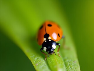 A ladybug is perched on a green leaf, facing the camera with its wings spread slightly. The background is blurred, emphasizing the sharpness of the insect and the leaf it rests on © freedomlith