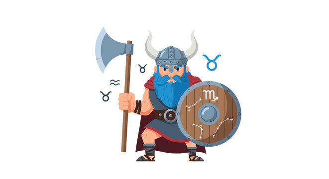 Brave viking warrior with a blue beard and horned helmet holding an axe and shield decorated with zodiac symbols.