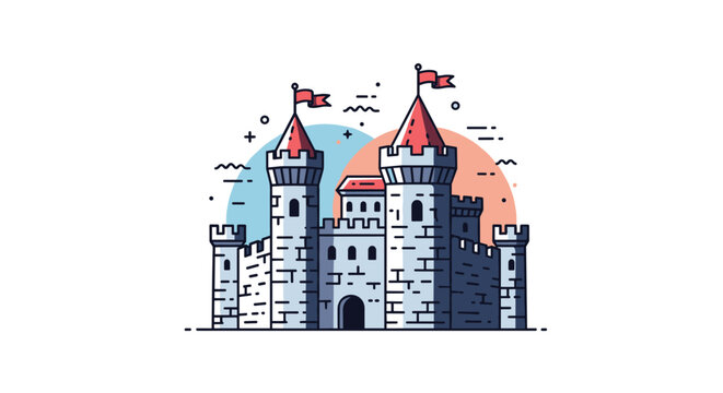 Stately medieval stone castle with tall towers, red flags, and strong protective walls under a vibrant blue and orange sky.