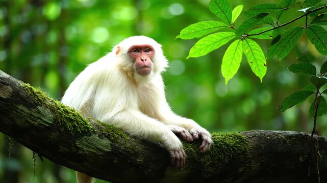 Albino monkey resting on a tree branch
