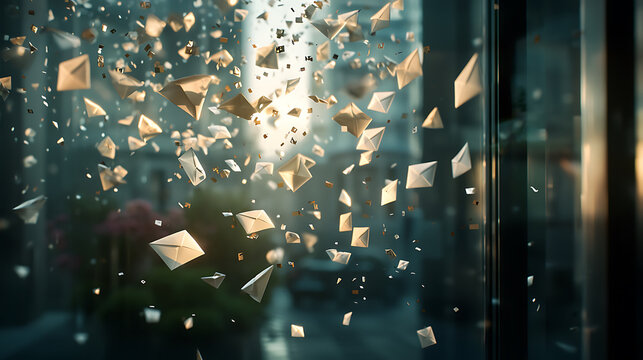 Captivating image of floating envelopes in vibrant urban setting, creating sense of wonder and magic