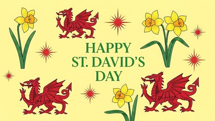Obraz premium Happy st david's day celebration with red dragons and daffodils