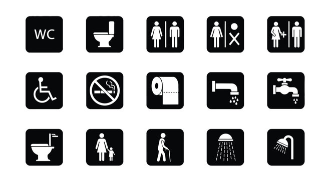 Collection of restroom and accessibility pictograms in black and white
