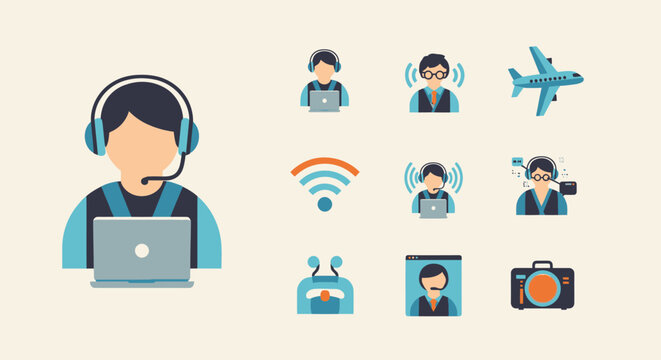 Customer Service Icons: Headphones, Laptop, Wifi, Airplane, Camera, Robot