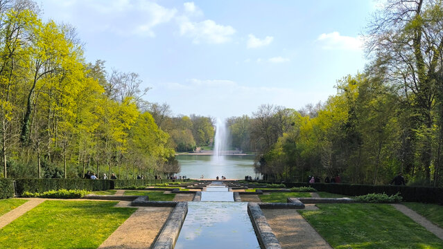 Formal Garden with Reflecting Pools Leading to Fountain and Lake in Parc de Sceaux, France