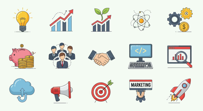 Business Growth Icons: Idea, Finance, Teamwork, Marketing, Technology & Success
