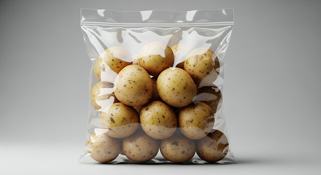 Fresh potatoes in clear plastic bag isolated on light gray background