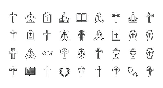 Collection of religious symbols including crosses churches and prayer hands