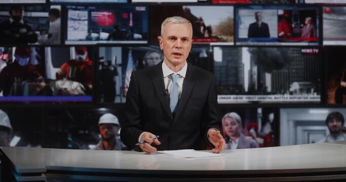 Professional Mature Anchor in Classical Dark Suit Sits at Desk, Looking at Camera. Concept of War Journalism and Global Crisis Coverage With Mosaic of Explosion Scenes and Soldiers on Screen.