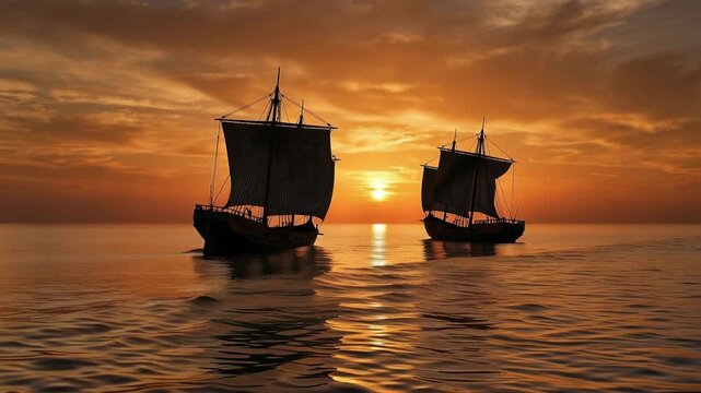 Sailing into the Sunset: Two majestic sailboats navigate the calm sea at dusk, their silhouettes defined against the vibrant hues of the setting sun, evoking a sense of adventure and tranquility. 