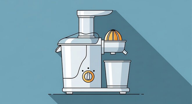 Stylized vector rendering of a citrus juicer with angular shadow on backdrop