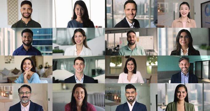 Serious businesspeople of different ages and races posing for portrait, looking at camera, getting happy, positive. Business professionals meeting on conference call. Multiple mosaic video