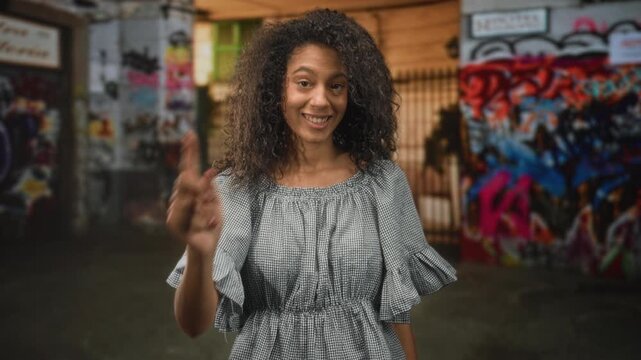 Teen woman with curly hair pointing finger toward camera on street with graffiti covered wall and building; playful confidence.
