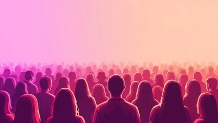 Obraz premium A large crowd of people facing away with a vibrant pink and orange gradient background