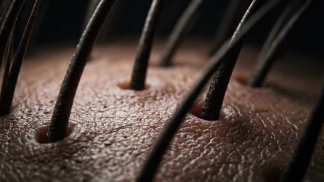 Hair scalp skin follicle macro closeup texture dermatology pore detail, intricate structure where hair rises from human scalp, natural surface detail and pore pattern with sharp macro view soft light